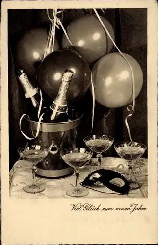 Ak Glückwunsch Neujahr, Sektflasche im Kühler, Luftballons, Maske