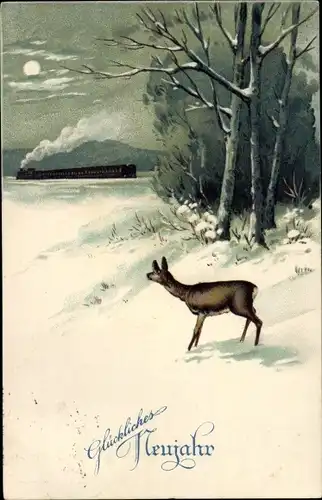 Ak Glückwunsch Neujahr, Winterlandschaft mit Reh und Eisenbahn