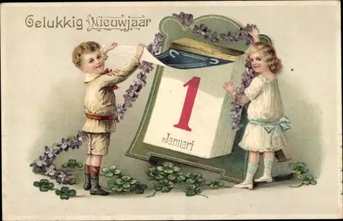 Präge Ak Fröhliches Neujahr, Kinder, Kalender, Kleeblätter, Girlande aus Veilchen