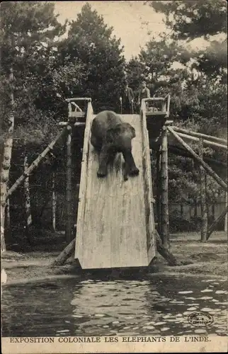 Ak Kolonialausstellung, Indischer Elefant auf einer Rutsche ins Wasser