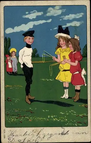 Präge Litho Ak Kinder auf einer Wiese, Mädchen mit Kreiseln, Diabolo