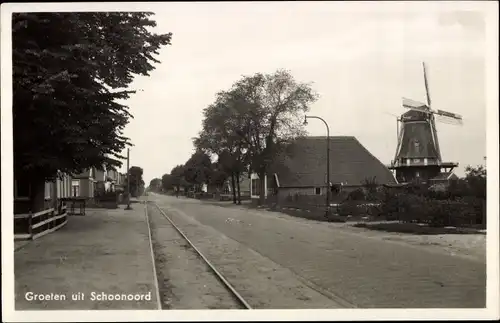 Ak Schoonoord Drenthe Niederlande, Straßenpartie mit Windmühle