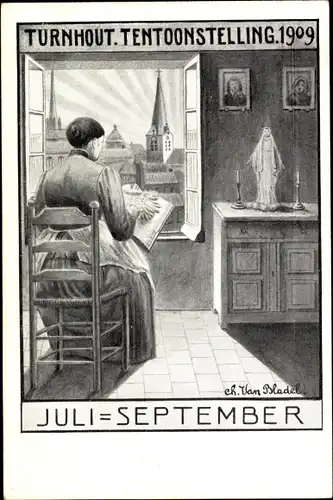 Künstler Ak Van Bladel, Turnhout Flandern Antwerpen, Ausstellung 1909, Frau am Fenster, Kirche