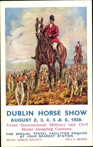 Künstler Ak Dublin Horse Show 1938, Royal Dublin Society, Jagd, Reiter, Hundemeute