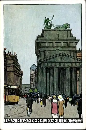Künstler Ak Buhe, Berlin, Brandenburger Tor, Reichtagsgebäude, Straßenbahn, Dt. Lehrerversammlung