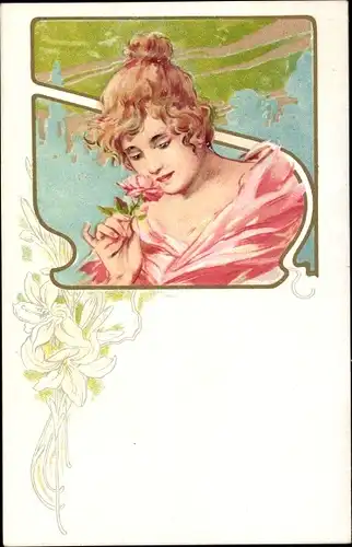 Jugendstil Künstler Ak Frauenportrait, Rose, Blumen