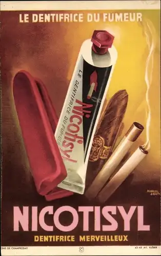 Künstler Ak Reklame Nicotisyl, Zahnpasta für Raucher, Zigarre, Zigaretten