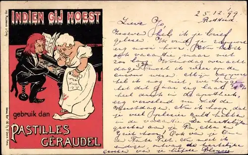 Künstler Ak Pastilles Géraudel, Reklame, Pastillen gegen Husten, hustende Sängerin