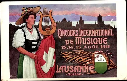 Künstler Ak Lausanne Kt. Waadt Schweiz, Frau in Tracht, Harfe, Internationaler Musik-Wettbewerb 1911