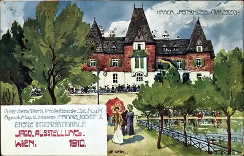 Künstler Ak Seidl, Mürzsteg Steiermark, Kaiserliches Jagdschloss, Int. Jagdausstellung Wien 1910