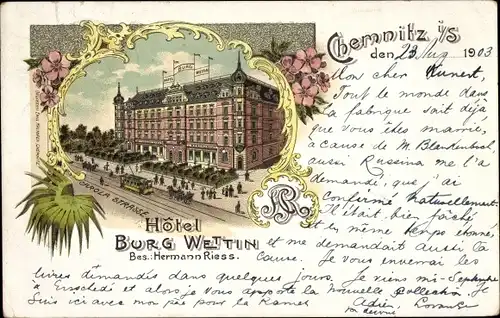 Litho Chemnitz Sachsen, Hotel Burg Wettin, Bes. Hermann Riess, Carolastraße