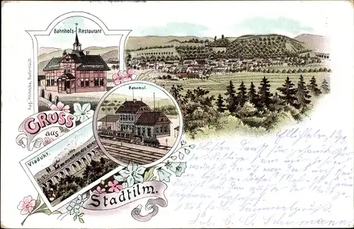 Litho Stadtilm in Thüringen, Bahnhof, Gleisseite, Bahnhofsrestaurant, Viadukt