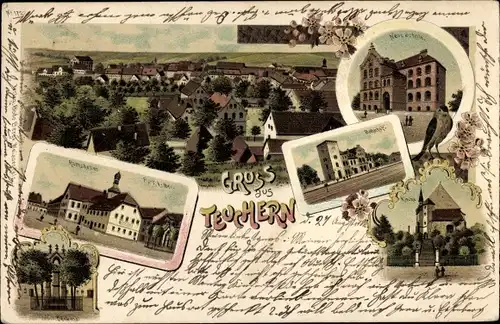 Litho Teuchern im Burgenlandkreis, Schule, Bahnhof, Rathaus, Denkmal