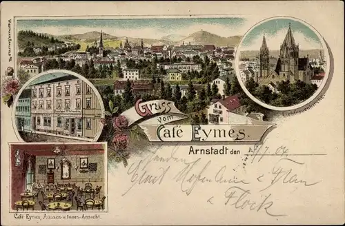 Litho Arnstadt im Ilm Kreis Thüringen, Cafe Eymes, Innenansicht, Liebfrauenkirche