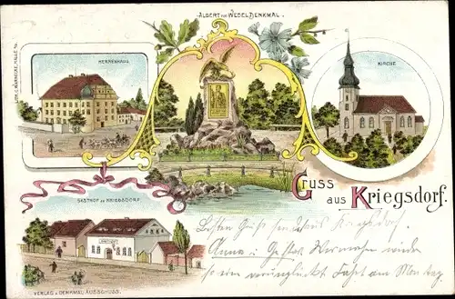 Litho Kriegsdorf Friedensdorf Leuna an der Saale, Herrenhaus, Kirche, Gasthof, Denkmal