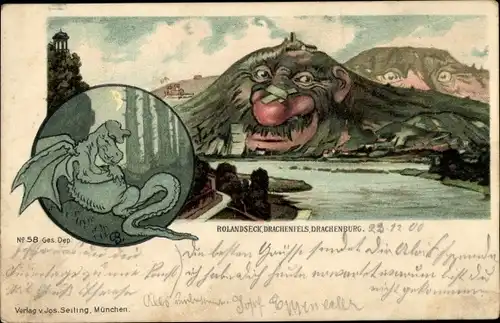 Litho Königswinter am Rhein, Drachenfels, Drachenburg, Rolandseck, Drache, Berggesichter