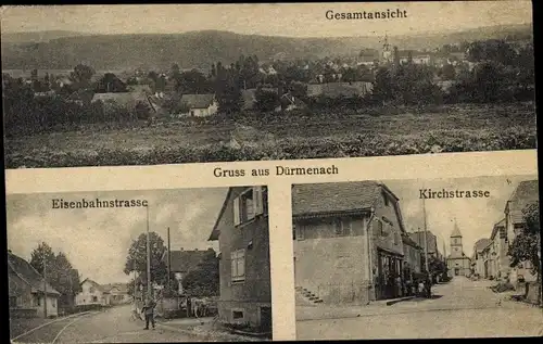 Ak Durmenach Elsass Haut Rhin, Gesamtansicht, Eisenbahnstraße, Kirchstraße