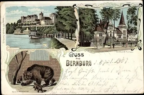 Litho Bernburg an der Saale, Schloss, Bärenzwinger, Solbad, Kurhaus