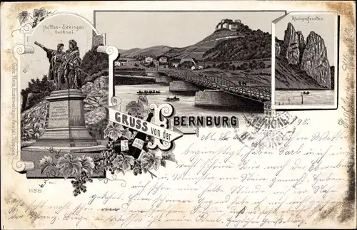 Litho Bad Münster Ebernburg, Rheingrafenstein, Hutten-Sickingen Denkmal, Brücke