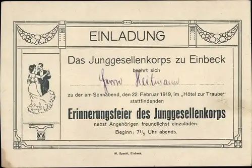 Ak Einbeck Niedersachsen, Junggesellenkorps, Erinnerungsfeier im Hotel zur Traube, 22. Februar 1919