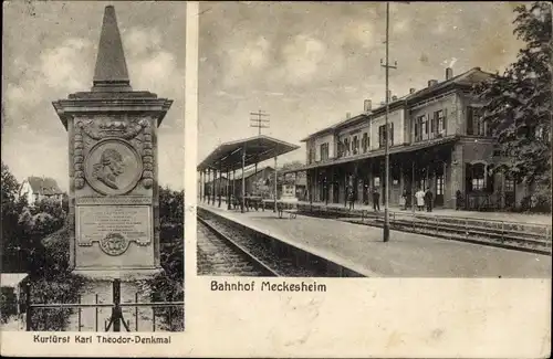 Ak Meckesheim in der Pfalz, Bahnhof, Bahnsteig, Denkmal Kurfürst Karl Theodor