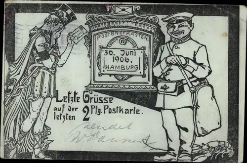 Ganzsachen Ak Hamburg, Letzte Grüße auf der letzten 2Pf. Postkarte, 30. Juni 1906, Postbote