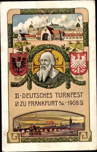 Ak Frankfurt am Main, XI Deutsches Turnfest 1908, Festhalle, Porträt Turnvater Jahn