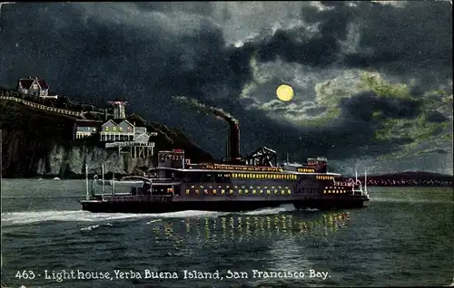 Ak Kalifornien USA, San Francisco Bay, Yerba Buena Island, Leuchtturm, Nacht, Dampfschiff