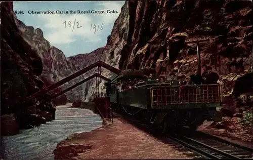 Ak Colorado USA, Royal Gorge, Bahnstrecke, Aussichtswaggon