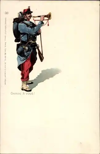 Litho Französischer Soldat in Uniform bläst ein Signal