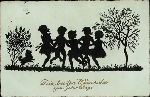 Scherenschnitt Ak Glückwunsch zum Geburtstag, Kinder tanzen Reigen