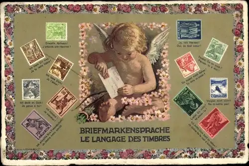 Ak Briefmarkensprache, Liebesengel, Blumengirlande