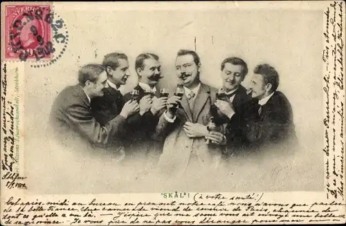 Ak Skål, Männer mit Weingläsern prosten sich zu