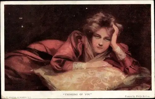 Künstler Ak Boileau, Philip, Thinking of You, liegende Frau, Kissen