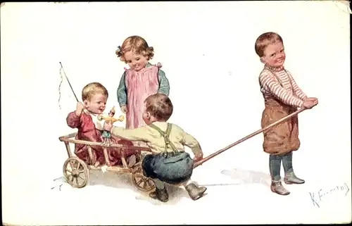 Künstler Ak Feiertag, Karl, Kinder mit Handwagen, Spielzeug