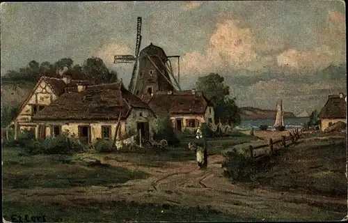 Künstler Ak Dorfmotiv an der Küste, Windmühle