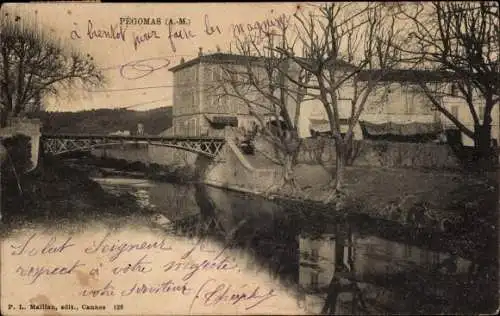 Ak Pégomas Alpes Maritimes, alte Häuser, Brücke