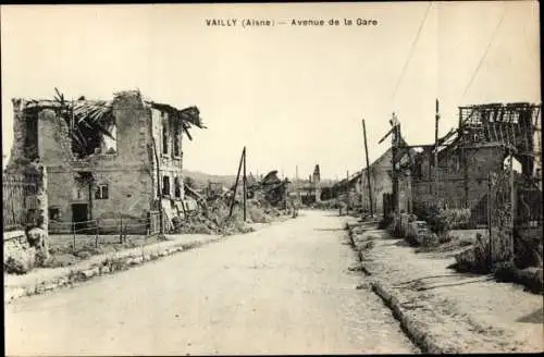 Ak Vailly sur Aisne, Avenue de la Gare, zerstörte Häuser