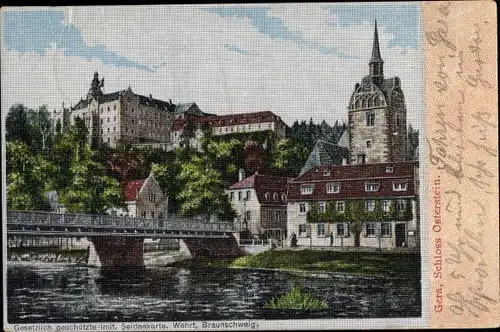 Ak Untermhaus Gera in Thüringen, Schloss Osterstein, Brücke, Kirche, Seidenimitat