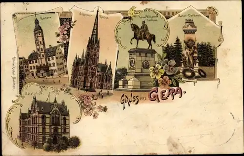 Litho Gera in Thüringen, Rathaus, Kaiser Wilhelm Denkmal, Johannis-Kirche, Denkmal