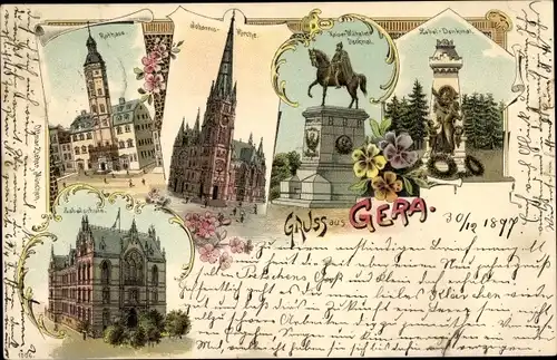 Litho Gera in Thüringen, Johannis-Kirche, Zobel-Denkmal, Rathaus