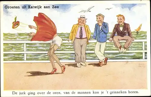 Künstler Ak Wills, John, Katwijk aan Zee Südholland, Wind hat Rock einer Frau hochgeweht, Unterhose