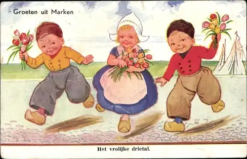Künstler Ak Wills, John, Marken Nordholland, Kinder in niederländischer Tracht, Tulpen