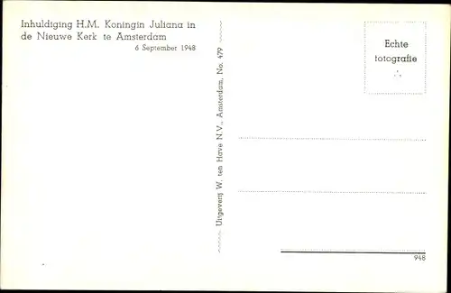 Ak Amsterdam, Königin Juliana der Niederlande, Einweihung der neuen Kirche 1948