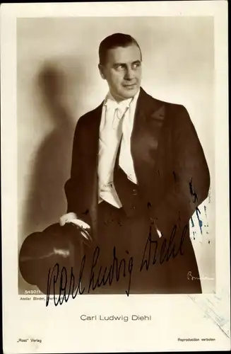 Ak Schauspieler Karl Ludwig Diehl, Portrait, Zylinder, Ross Verlag 5430 1, Autogramm