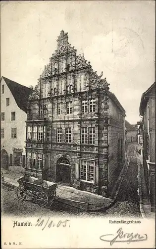 Ak Hameln an der Weser Niedersachsen, Rattenfängerhaus, Pferdekarren