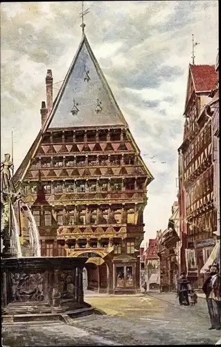 Künstler Ak Heyer, R. Hildesheim in Niedersachsen Leine, Knochenhauer Amtshaus, Rolandsbrunnen,Markt