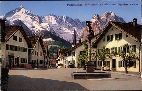 Ak Garmisch Partenkirchen in Oberbayern, Alpspitze, Florianplatz, Zugspitze