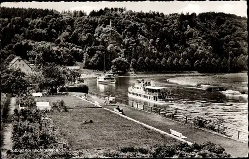 Ak Bad Karlshafen an der Weser, Schiffe, Ufer