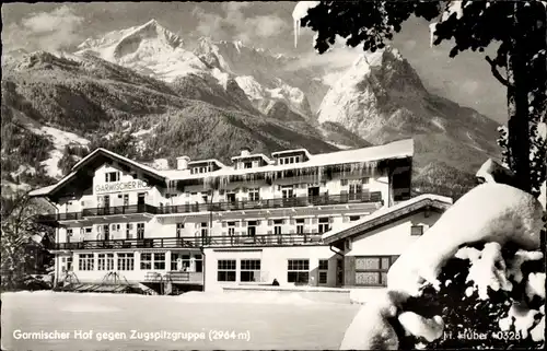 Ak Garmisch Partenkirchen in Oberbayern, Hotel Garmischer Hof, Zugspitzgruppe, Winter